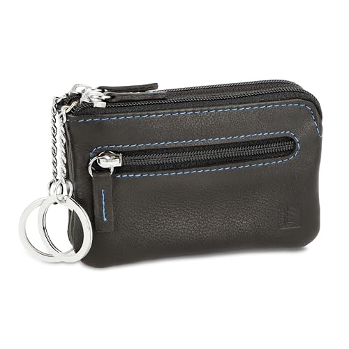 LEDEROW XXL Schlüsseletui Leder Schwarz blauer Naht Damen und Herren [3 separate Fächer] Reißverschluss - Schlüsseltasche Schlüsselmäppchen groß echtleder für Schlüssel Autoschlüssel (Blau-Schwarz) von LEDEROW