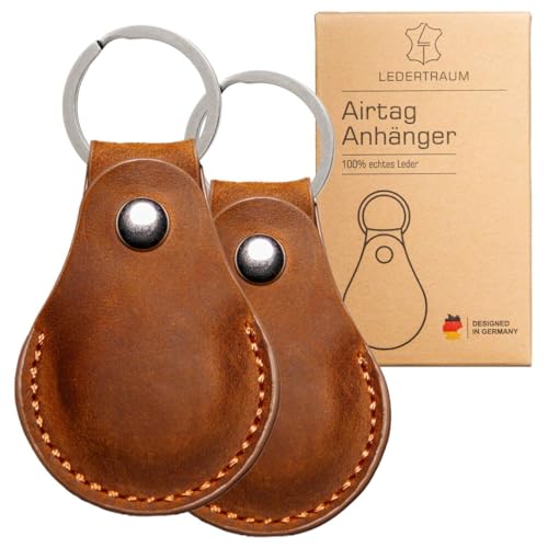 LEDERTRAUM 2er-Pack Airtag Anhänger ECHTES-Leder, Airtags Schlüsselnanhänger Leder, Apple Airtag Hülle (braun + braun) von LEDERTRAUM