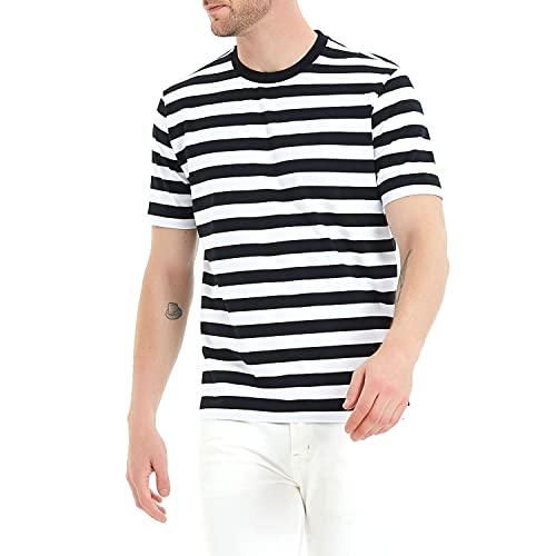 Freizeithemden Herren Kurzarm Gestreift T-Shirts Schwarz Weiß Baumwolle Elasthan Sommerurlaub Reise Einfaches Crewneck Hemd von LEDING&BEST