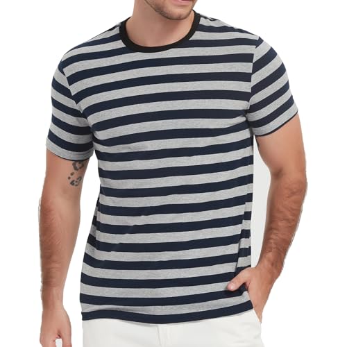 Freizeithemden Herren Kurzarm Gestreift T-Shirts Schwarz Weiß Baumwolle Elasthan Sommerurlaub Reise Einfaches Crewneck Hemd von LEDING&BEST