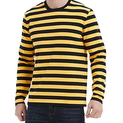 Herren Shirt Gestreiftes Langarm Marine Shirt Long Sleeve Leicht Basic mit Rundhals Mode Kleidung Langarmshirts Herren (Black/Yellow, X-Small) von LEDING&BEST