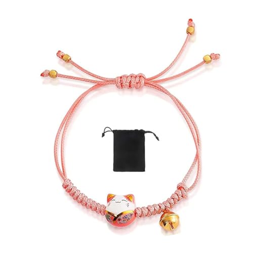 1 Glückskatzen Armband Verstellbare Geflochtene Armband Feng Shui Glücksbringer Armbänder Keramik Glückliche Katze Bettelarmband Handgemacht Glücks Armband mit Glocke und Flanelltasche von LEDSHLIU