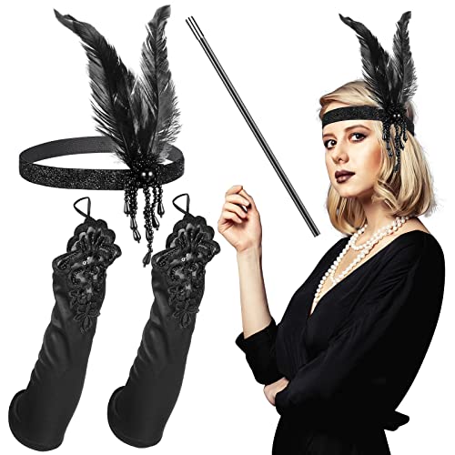 3 Stück Flapper-Zubehör-Set der 1920er Jahre Inklusive Feder-Frauen-Vintage-Stirnband und Lange Halter Themenset der Wilden 20er für Damen Mädchen von LEDSHLIU