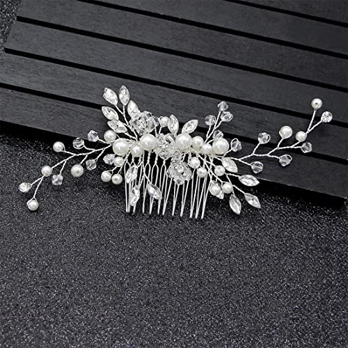 LEDSHLIU Braut Hochzeit Haarkamm Blume Perle Tiara Braut Kristall Blatt Haarschmuck Braut Strass Zubehör Spule Haarkamm Schmuck für Damen und Mädchen（Silber） von LEDSHLIU