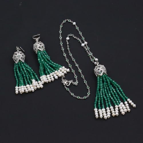 LEDVXFSVY Naural Green Agate White Pearl Pendant Chain Necklace Earrings Sets Cute Style For Lady Women Gift Jewelry(Sets) von LEDVXFSVY