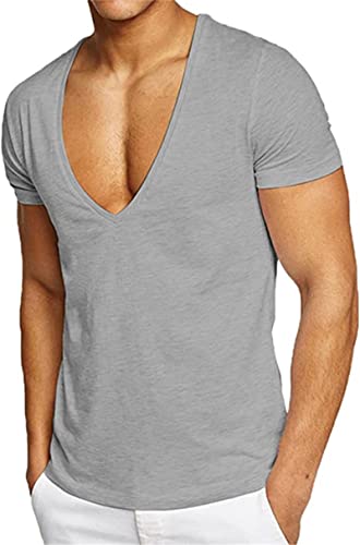 LEEGG Herren Sexy Tiefer V-Ausschnitt Kurzarm Slim Fit T-Shirt Stretch Muscle Gym Workout Sport Tops Lässige Sommer T-Shirts (Grau,L) von LEEGG