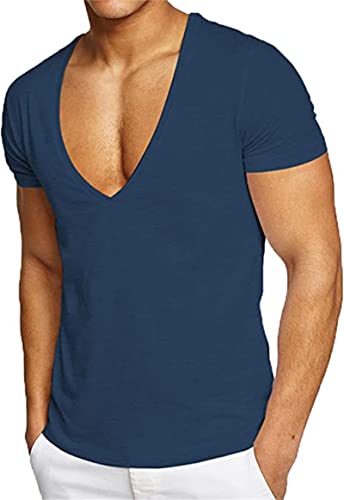 LEEGG Herren Sexy Tiefer V-Ausschnitt Kurzarm Slim Fit T-Shirt Stretch Muscle Gym Workout Sport Tops Lässige Sommer T-Shirts (Marineblau,L) von LEEGG