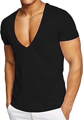 LEEGG Herren Sexy Tiefer V-Ausschnitt Kurzarm Slim Fit T-Shirt Stretch Muscle Gym Workout Sport Tops Lässige Sommer T-Shirts (Schwarz,L) von LEEGG