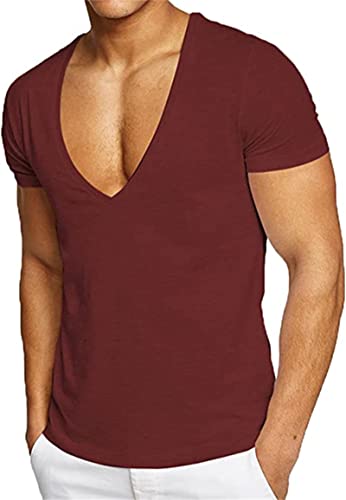 LEEGG Herren Sexy Tiefer V-Ausschnitt Kurzarm Slim Fit T-Shirt Stretch Muscle Gym Workout Sport Tops Lässige Sommer T-Shirts (Weinrot,L) von LEEGG