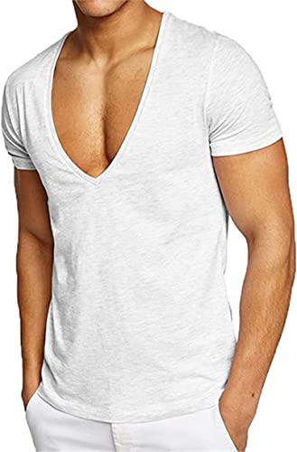 LEEGG Herren Sexy Tiefer V-Ausschnitt Kurzarm Slim Fit T-Shirt Stretch Muscle Gym Workout Sport Tops Lässige Sommer T-Shirts (Weiß,M) von LEEGG