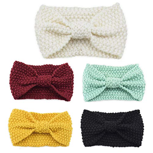 5Pcs Frauen Winter Häkeln Stricken Tasten Stirnband Einfarbig Bowknot Ohr Wärmer Weihnachten Haarband Für Frauen von LEEINTO