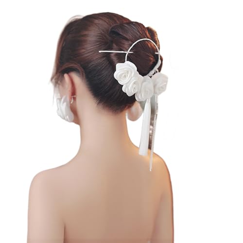 LEEINTO Kamelie Haarband Ohrringe Braut Kopfschmuck Für Hochzeit Elegante Haarnadel Mit Quasten Haarschmuck Für Braut Braut Kopfschmuck von LEEINTO