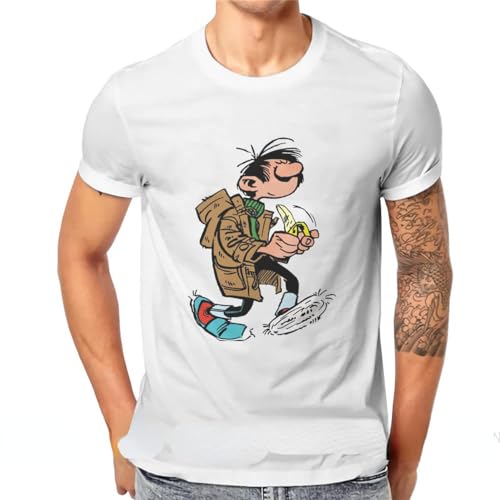 Funny Guust Flater Eating Banana O Neck Tshirt Gaston Lagaffe Comics Fabric Basic T Shirt Men Tops Design Fluffy White S White von LEEKATO