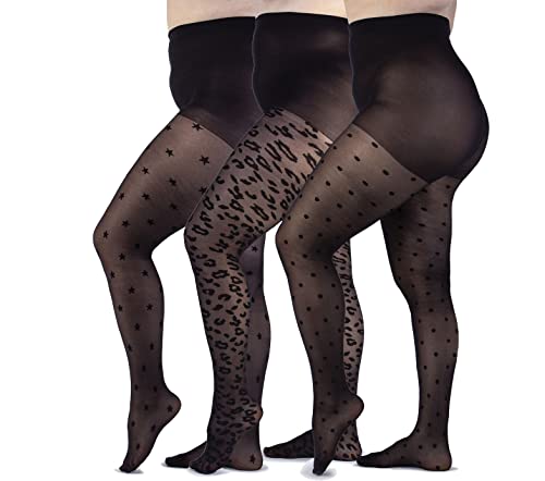 LEELA LAB 3-Pack Strumpfhose Damen mit Muster, Große Größen, 30 Denier, Bequem und Langlebig, Leoparden, Polka Dots, Sternen - Made in Italy (9) von LEELA LAB