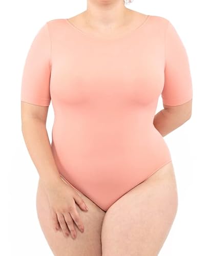 LEELA LAB Bodysuit Damen Größe Größen mit kurzen Ärmeln, Rundhalsausschnitt und Verstellbarem Verschluss, Nahtloser Technologie - Made in Italy (Coral, XXL) von LEELA LAB