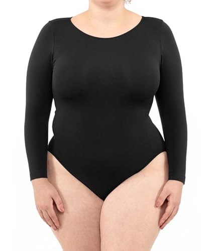 LEELA LAB Langarm Bodysuit Damen Größe Größen, Rundhalsausschnitt und Verstellbarem Verschluss, Nahtloser Technologie - Made in Italy (Black, 3XL) von LEELA LAB