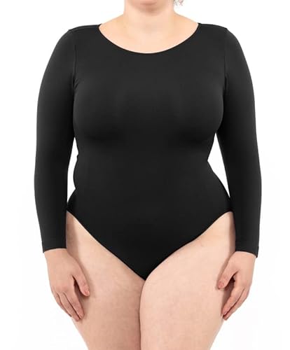 LEELA LAB Langarm Bodysuit Damen Größe Größen, Rundhalsausschnitt und Verstellbarem Verschluss, Nahtloser Technologie - Made in Italy (Black, XXL) von LEELA LAB