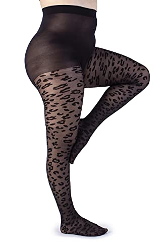 LEELA LAB Strumpfhose Damen mit Leopardenmuster Große Größen 30 Denier, Bequem und Langlebig - Made in Italy (Blackblack, 8) von LEELA LAB