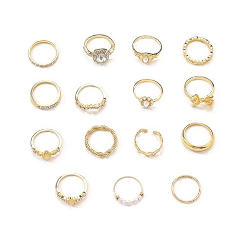 LEELOU 15 Stück Set Elegante Ringe Mit Faux Edelsteinen Und Perlen Verstellbare Größe Ringe Stylish Finger Accessoires Für Frauen von LEELOU