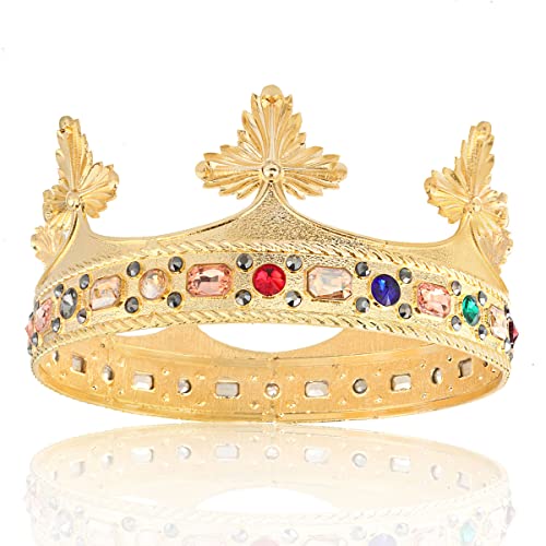 Barock Herren König Legierung große Krone Kristall Perlen königlicher Prinz Damen Haarschmuck für Geburtstagsparty Halloween Kostüm (Gold mit buntem Stein) von LEEMASING