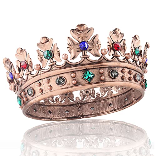 Barock Royal Crown Herren Metall Prinz Haarkrone Vollkreis Geburtstag Party Haarschmuck für Cosplay Abschlussball Festzug Quinceanera (Große Größe 18,5 cm Durchmesser, Bronze mit buntem Stein) von LEEMASING