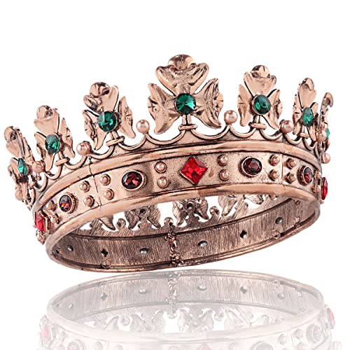 Barock Royal Crown Herren Metall Prinz Haarkrone Vollkreis Geburtstag Party Haarschmuck für Cosplay Abschlussball Festzug Quinceanera (Große Größe 18,5 cm Durchmesser, Bronze mit grünem Stein) von LEEMASING