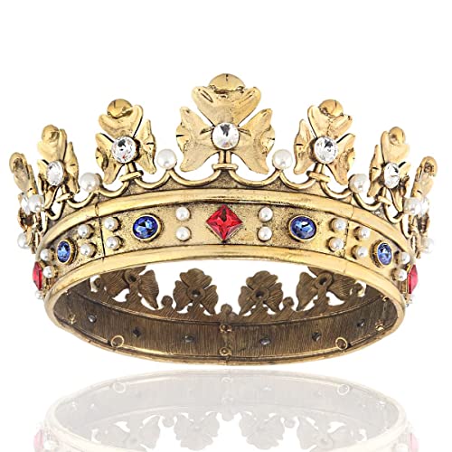 Barock Royal Crown Herren Metall Prinz Haarkrone Vollkreis Geburtstag Party Haarschmuck für Cosplay Abschlussball Festzug Quinceanera (große Größe 18,5 cm Durchmesser, dunkles Gold mit buntem Stein) von LEEMASING