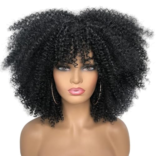 Frauen Schwarz Afro Kinky Curly Perücke mit Pony hitzebeständig weich Maschine gemacht Perücke für Halloween Party Weihnachten Cosplay Perücken von LEEMASING