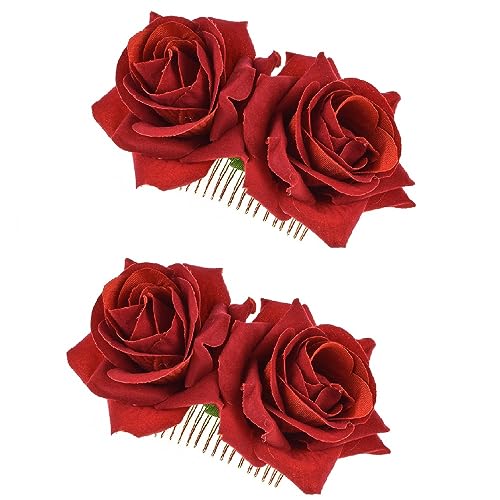 Haarkamm mit Rosenblüten, Brautschmuck, Kopfschmuck, Haarnadel-Clip, Dekoration für Brautjungfern, Frauen und Mädchen, Rot, 2 Stück von LEEMASING