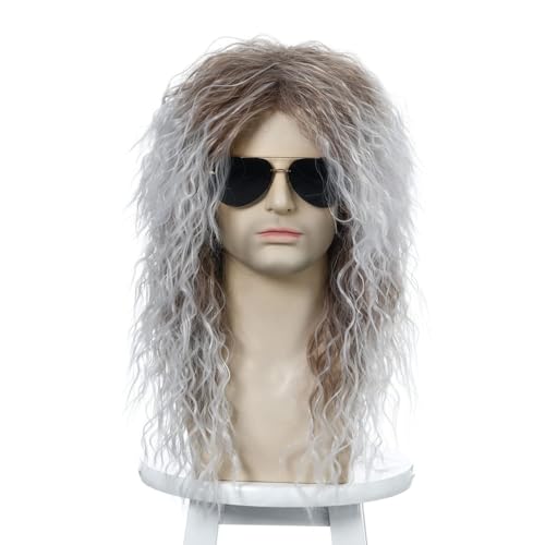 Halloween Männer 80er Jahre Rocker Heavy Metal Punk Lockenperücke Kostüm für Männer Frauen 80er Disco Kostüm Outfit Halloween Party (Silber Weiß Mix Braun) von LEEMASING