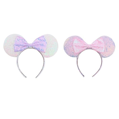LEEMASING 2 Stück helle Pailletten Maus Deluxe Ohren Schleife Haarband Haarschmuck für Halloween Cosplay Geburtstag (lila rosa) von LEEMASING