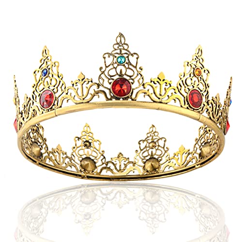 LEEMASING Barock Herren König Stirnband Party Krone Strass Krone für Hochzeit Geburtstag Weihnachten Valentinstag Kostüm (Dunkles Gold mit rotem Stein) von LEEMASING