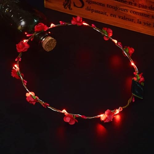 LEEMASING LED-Licht Frauen Blumenmädchen Stirnband Glow Blinking Crown Haarkranz Für Mädchen Frauen Hochzeit Festival Weihnachten Neujahr Party (Rot) von LEEMASING