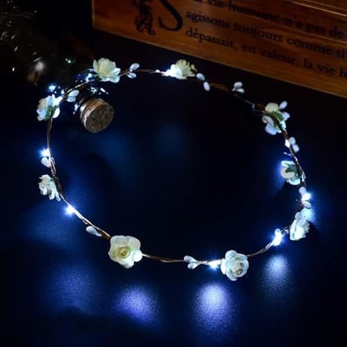 Haarband mit LED-Licht, für Damen, Blumenmädchen, leuchtend, blinkende Krone, Haarkranz für Mädchen, Frauen, Hochzeit, Festival, Weihnachten, Neujahr, Party (weiß) von LEEMASING