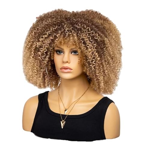 Mode Afro Locken Perücke Synthetisch Kurz Voll Perücke Frauen Perücke Für Täglichen Gebrauch, Party und Cosplay (Gradual Gold Braun) von LEEMASING