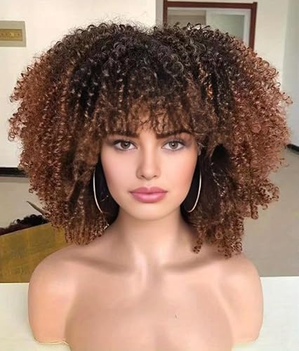 Mode Afro Locken Perücke Synthetisch Kurz Voll Perücke Frauen Perücke Für Täglichen Gebrauch, Party und Cosplay (Graduell Dunkelbraun) von LEEMASING