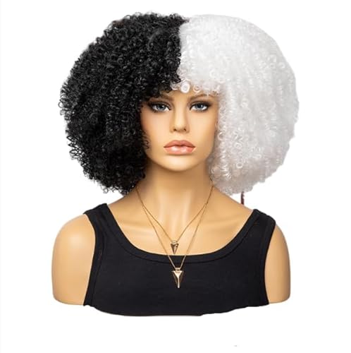 Mode Afro Locken Perücke Synthetisch Kurz Voll Perücke Frauen Perücke Für Täglichen Gebrauch, Party und Cosplay (Schwarz Weiß) von LEEMASING