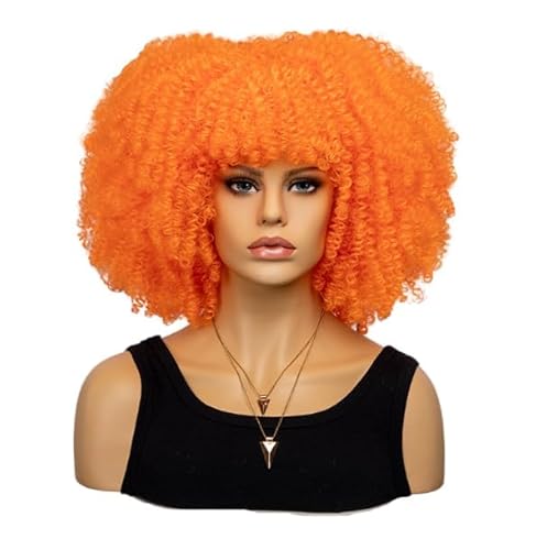 Mode Afro Locken Perücke Synthetisch Kurz Voll Perücke Frauen Perücke für den täglichen Gebrauch, Party und Cosplay (Orange) von LEEMASING