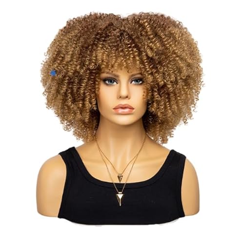 Mode Afro Locken Perücke Synthetische Kurze Voll Perücke Frauen Perücke für den täglichen Gebrauch, Party und Cosplay (Gradual Gold) von LEEMASING