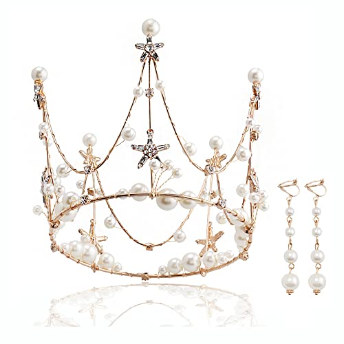 Perle Hochzeit Kristall Haarreif Prinzessin Krone Tiara Ohrring Set für Prom Geburtstag Halloween Weihnachten Cosplay Party von LEEMASING