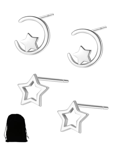 LEEQ 2 Paar Ohrringe Blumen Silber 925 für Mädchen - Hypoallergen Gänseblümchen Ohrstecker Kleine Stern Mond Ohrring, Niedliche Mode Ohrschmuck für Frauen Kinder von LEEQ