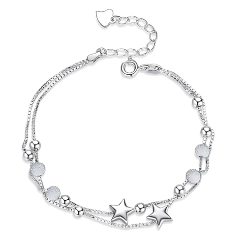 LEEQ 2 in 1 Sternenmotiv Armband - Layered Armband Doppelt Kettenarmband Damen Silber 925, Das Geschenke für Frauen, Charms Personalisierter Schmuck, Einstellbar ArmbäNder für Frau Edelstahl von LEEQ