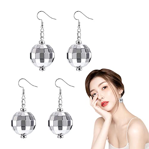 LEEQ Discokugel Spiegelkugel Ohrringe-2 Paar Silber 70er Disco Ball Earrings Thema Party Diskokugel Ohrringe Mädchen Schmuck Accessoires Outfit Damen party von LEEQ