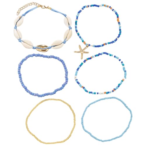 LEEQ Fußkettchen Boho Stil mit Muscheln Seestern Gold - Knöchel-Armbänder, geschichtet und verwoben, gewebt, Muscheln, goldfarben, Perlen, Strand-Fußschmuck für Damen Mädchen(6pcs) von LEEQ