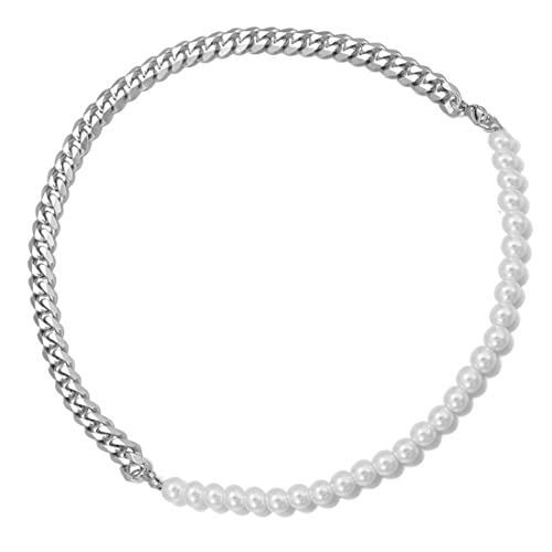 LEEQ Herren Perlenkette Halbperle Halbkette Edelstahl Silber Kubanische Kette 22" von LEEQ
