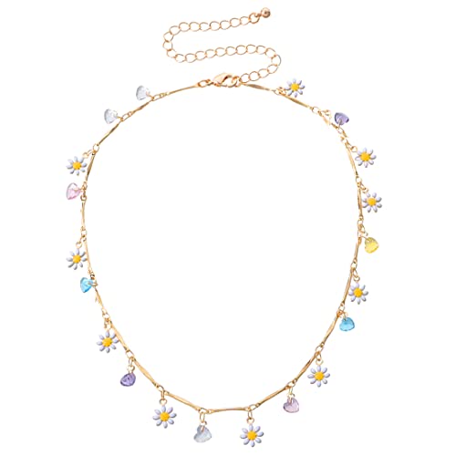 LEEQ Neue schöne Korea Gänseblümchen Blumen Halskette Kurz Choker mit bunten Perlenanhängern für Damen Schmuck für den Urlaub - Choker Halskette mit Gänseblümchen Blumen-Anhängern von LEEQ