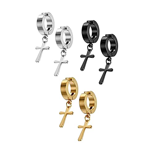 LEEQ Schmuck Unisex Creolen Ohrringe Edelstahl Kreuz Ohrh?nger ohne Loch Fake Ohrstecker Ohrclips Klappcreolen （Silber+gold+schwarz(3 Paar) von LEEQBCR