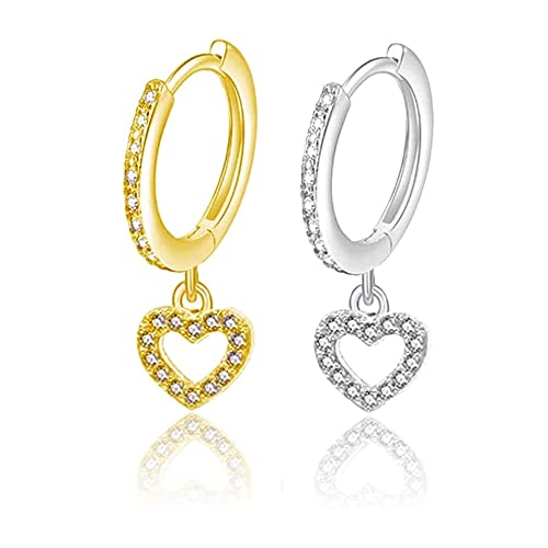 LEEQ Sterling Silber Ohrringe - 2 Paar Herz Ohrringe Damen Creolen - mit Herz Anhänger Silber Ohrringe Hängend Klein Ohrhänger mit Cubic Zirkonia Ohrringe Silber für Damen Frauen Mädchen（gold+silber） von LEEQ