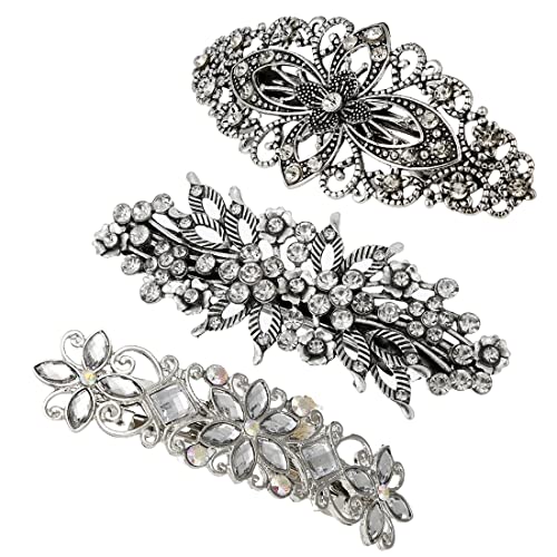 LEEQ Vintage Metall Französische Haarspange-3 Stück, Antik Kristall Haarspange mit Strasssteinen Braut Hochzeit Haarnadeln Kopfstücke Schmuck Haarschmuck für Mädchen Frauen(Silber) von LEEQ