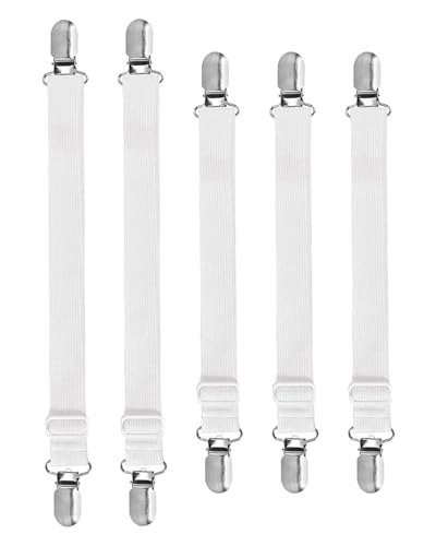 LEEQBCR 5 Stück Tischdeckenklammern Tischtuchhalter für Draußen Elastisch Verstellbare Tischtuchklammern Versteckte Tischdeckenhalter für Tischdecke Bettwäsche Matratze(Weiß) von LEEQ